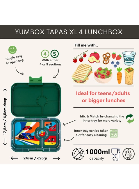 Lunchbox pojemnik na śniadanie XL Yumbox Tapas 4 - Greenwich green / race cars tray
