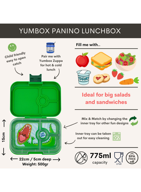 Średni prostokątny lunchbox Yumbox Panino - jurassic green / dinosaur