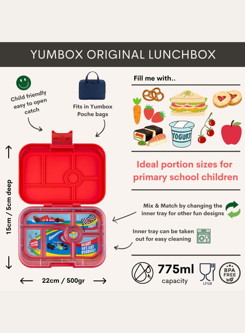 Lunchbox do szkoły Yumbox Original - roar red / race cars