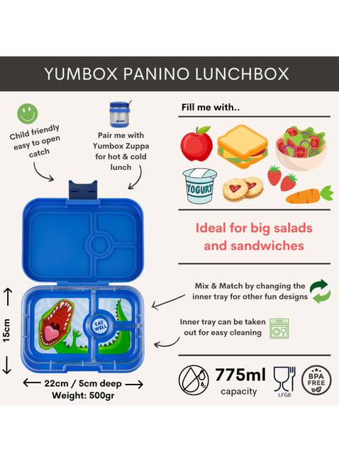 Średni prostokątny lunchbox Yumbox Panino - surf blue / dinosaur