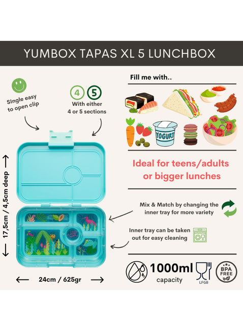 Lunchbox do pracy XL Yumbox Tapas 5 sekcji - antibes blue / jungle pastel