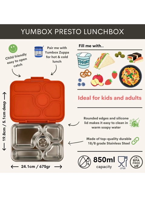 Lunchbox 5-komorowy Yumbox Presto ze stalową tacą - tango orange
