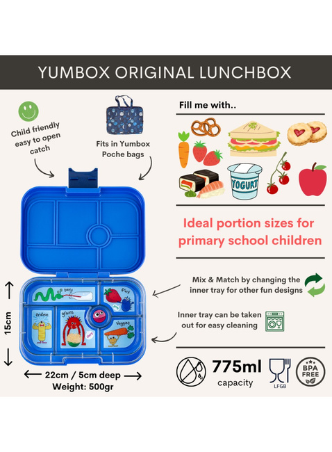 Szczelna średnia śniadaniówka Yumbox Original - surf blue / funny monsters