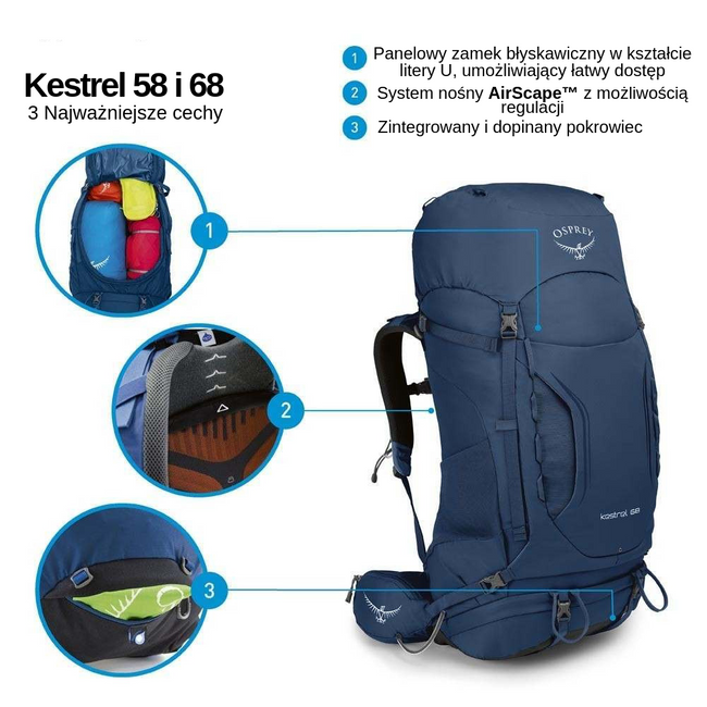 Męski plecak trekkingowy Osprey Kestrel 68 M/L - loch blue