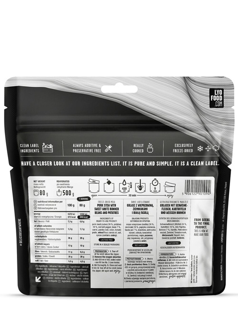 Gulasz z wieprzowiną ziemniakami i fasolą LyoFood Goulash 80 / 500 g