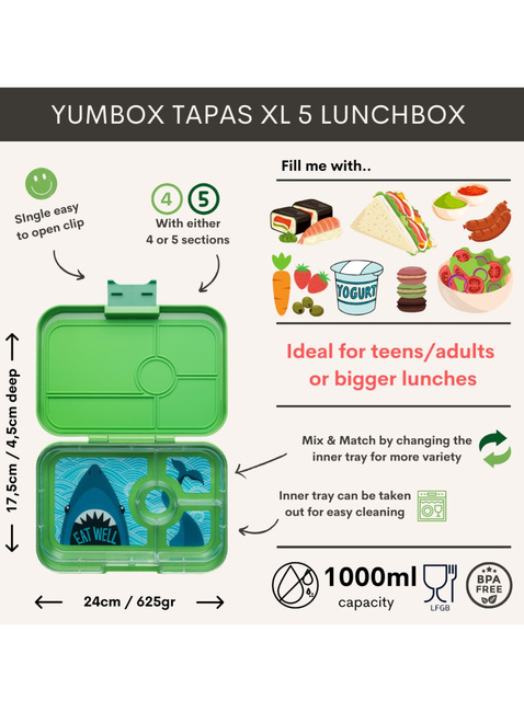 Lunchbox pojemnik na śniadanie XL Yumbox Tapas 4 - jurassic green / shark