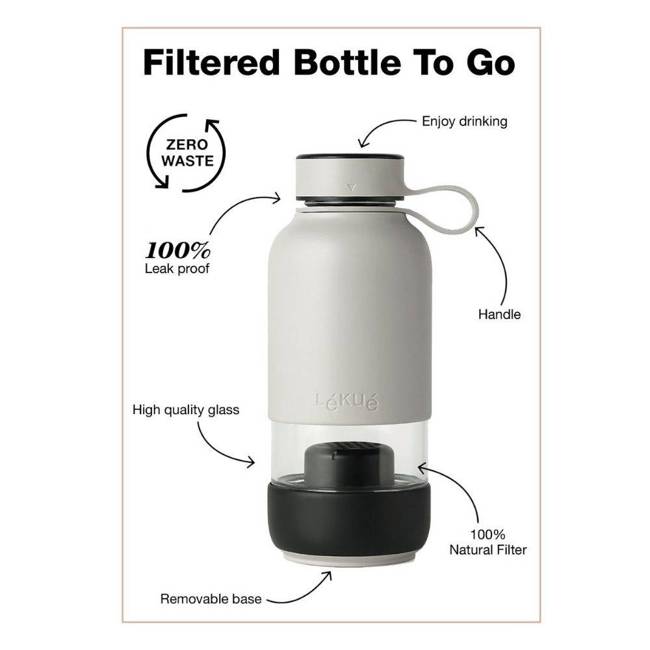 Butelka szklana na wodę z filtrem 0,6 l TO GO Lekue - grey
