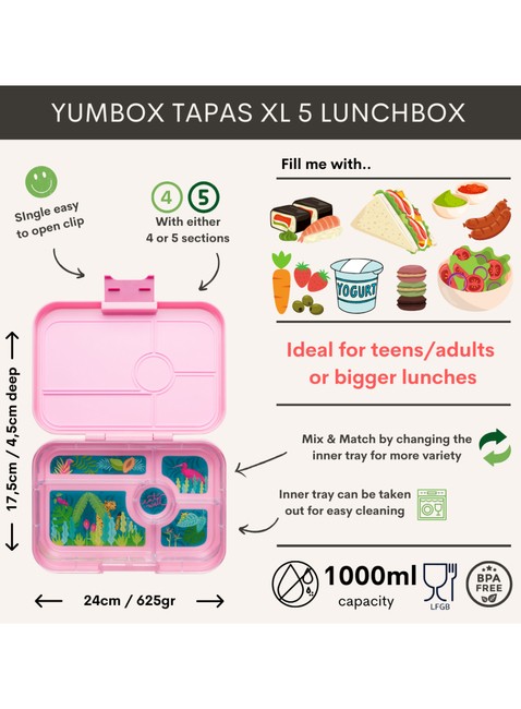 Lunchbox do pracy XL Yumbox Tapas 5 sekcji - Capri pink / jungle pastel tray