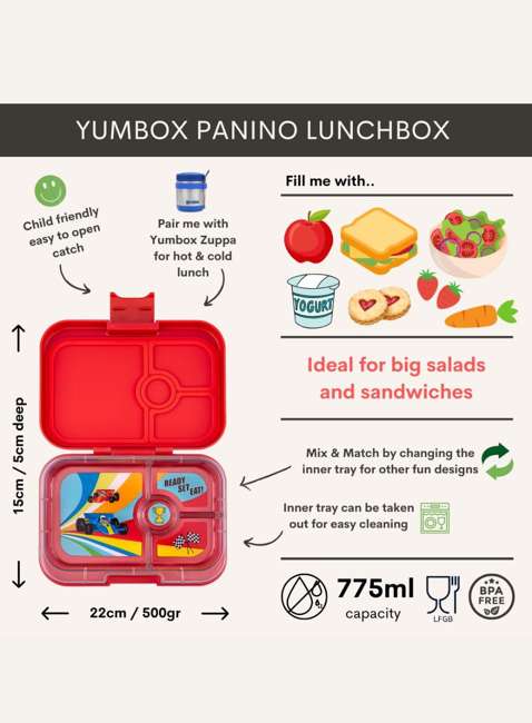 Lunchbox dziecięcy Yumbox Panino 750 ml - roar red / race cars tray