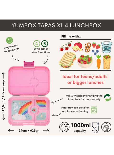 Lunchbox pojemnik na śniadanie XL Yumbox Tapas 4 - Capri pink / rainbow tray