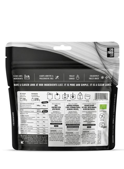 LyoFood ekologiczne liofilizowane danie obiadowe Chili Sin Carne z polentą 70 / 370 g 