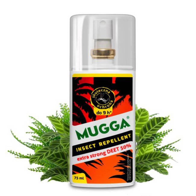 Mugga 50% DEET Spray 75 ml na komary tropikalne, europejskie oraz kleszcze 