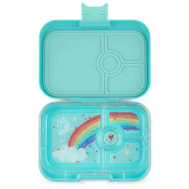 Średni płaski lunchbox do szkoły Yumbox Panino - misty aqua/rainbow tray