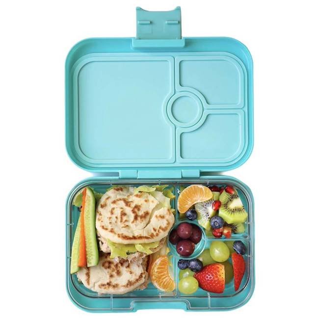 Średni płaski lunchbox do szkoły Yumbox Panino - misty aqua/rainbow tray