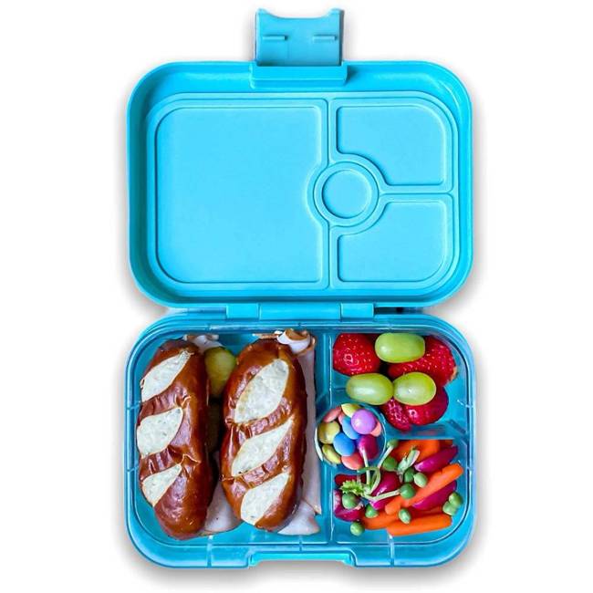 Średni płaski lunchbox do szkoły Yumbox Panino - misty aqua/rainbow tray