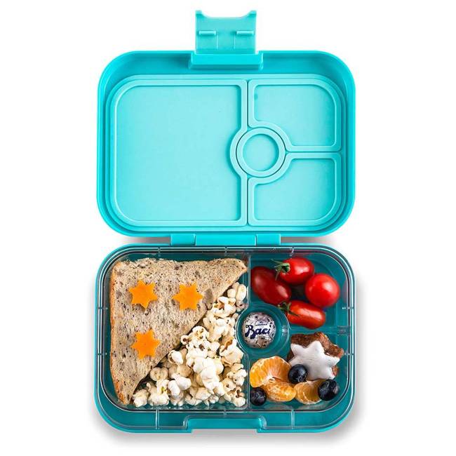 Średni płaski lunchbox do szkoły Yumbox Panino - misty aqua/rainbow tray