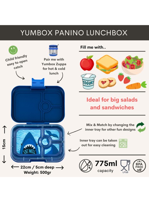 Średni prostokątny lunchbox Yumbox Panino - Monte Carlo blue / shark tray