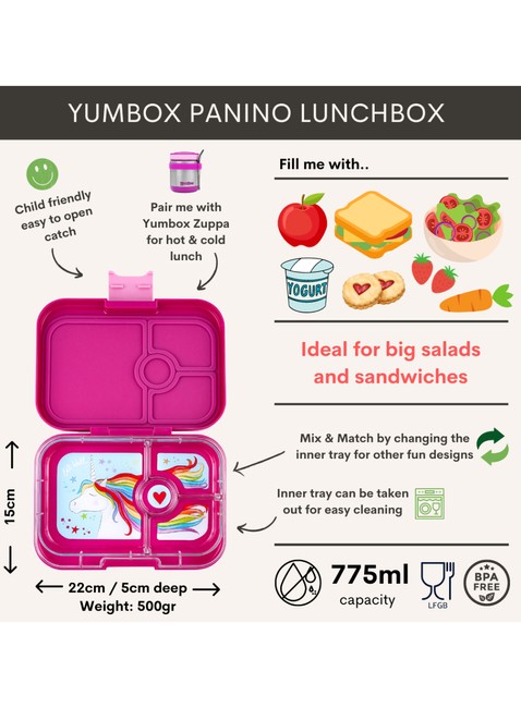 Średni prostokątny lunchbox Yumbox Panino - malibu purple / unicorn tray