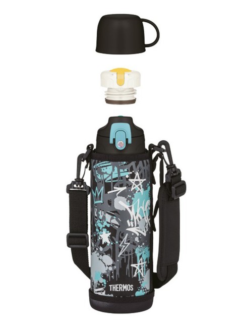 Termos dziecięcy z dwiema nakrętkami Thermos 2-Way Lid Bottle 1 l with Pouch - black / aqua