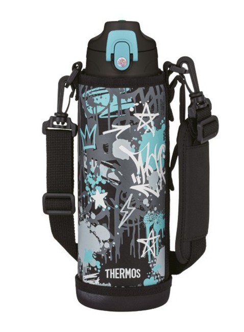 Termos dziecięcy z dwiema nakrętkami Thermos 2-Way Lid Bottle 1 l with Pouch - black / aqua