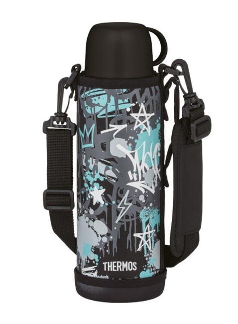 Termos dziecięcy z dwiema nakrętkami Thermos 2-Way Lid Bottle 1 l with Pouch - black / aqua