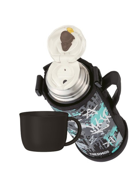 Termos dziecięcy z dwiema nakrętkami Thermos 2-Way Lid Bottle 1 l with Pouch - black / aqua