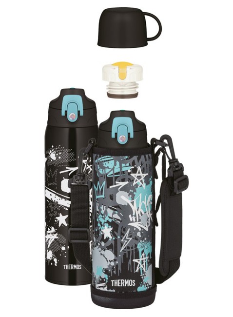 Termos dziecięcy z dwiema nakrętkami Thermos 2-Way Lid Bottle 1 l with Pouch - black / aqua